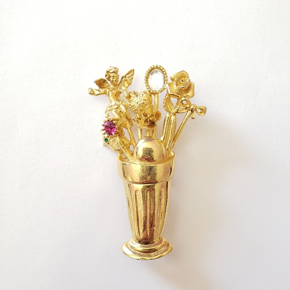 LARGE VINTAGE BROOCH PIN Vase with "Stick Pins" Cupid Bird Heart - Picture 3 of 12